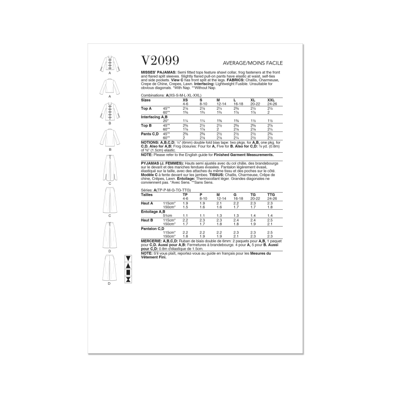 Patron Vogue 2099 (32-54) - Haut col châle à brandebourgs et pantalon évasé à attaches