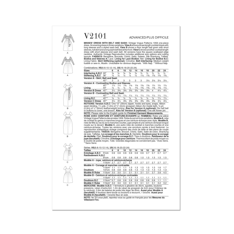 Patron Vogue 2101/H5 (34-42) - Robe vintage à encolure festonnée et ceinture-écharpe