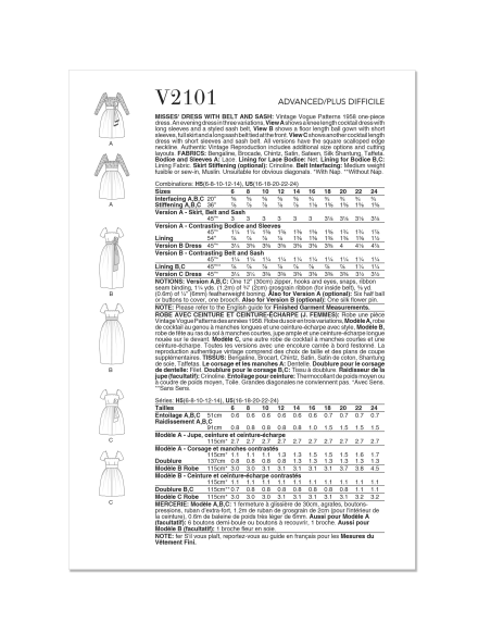 Patron Vogue 2101/H5 (34-42) - Robe vintage à encolure festonnée et ceinture-écharpe