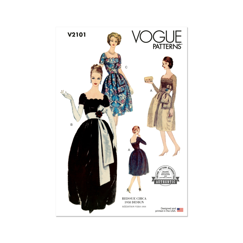 Patron Vogue 2101/H5 (34-42) - Robe vintage à encolure festonnée et ceinture-écharpe