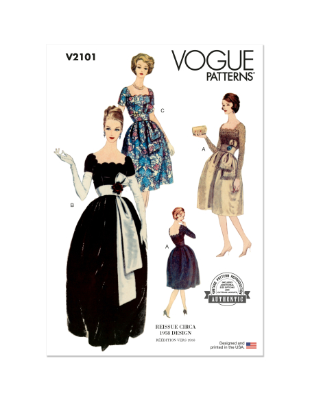 Patron Vogue 2101/H5 (34-42) - Robe vintage à encolure festonnée et ceinture-écharpe