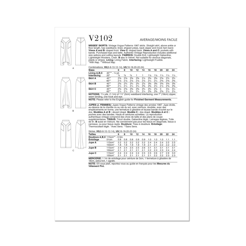 Patron Vogue 2102/H5 (34-42) - Jupe droite vintage à empiècements et fausse bande d’ourlet