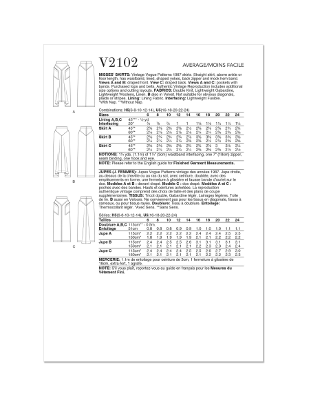 Patron Vogue 2102/H5 (34-42) - Jupe droite vintage à empiècements et fausse bande d’ourlet