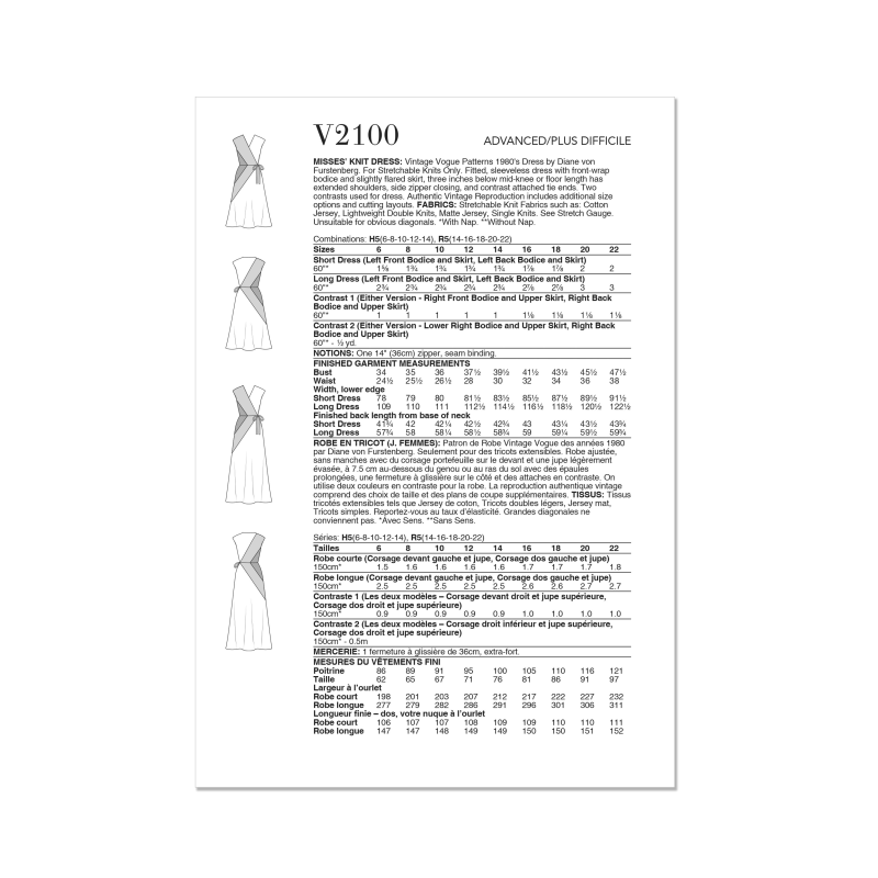 Patron Vogue 2100/H5 (34-42) - Robe portefeuille vintage ajustée à deux couleurs