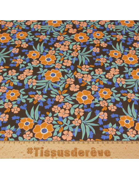 Percale 100% coton peigné luxe - Floral rose & camel fond marron