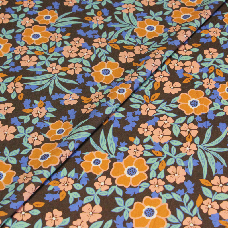 Percale 100% coton peigné luxe - Floral rose & camel fond marron