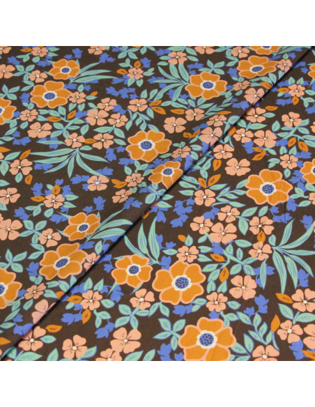 Percale 100% coton peigné luxe - Floral rose & camel fond marron