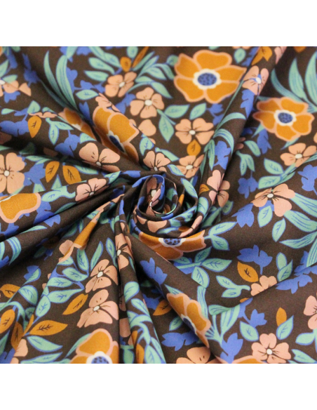 Percale 100% coton peigné luxe - Floral rose & camel fond marron