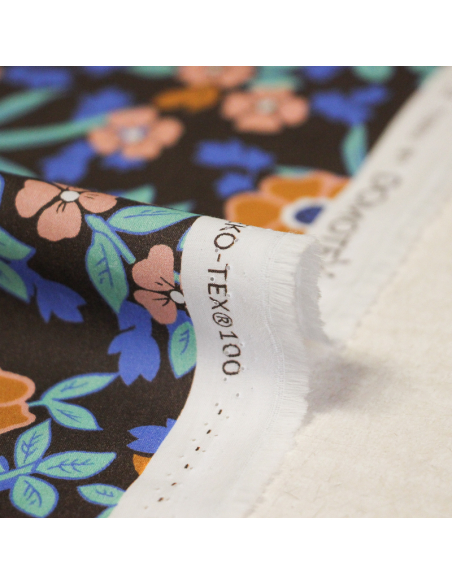 Percale 100% coton peigné luxe - Floral rose & camel fond marron