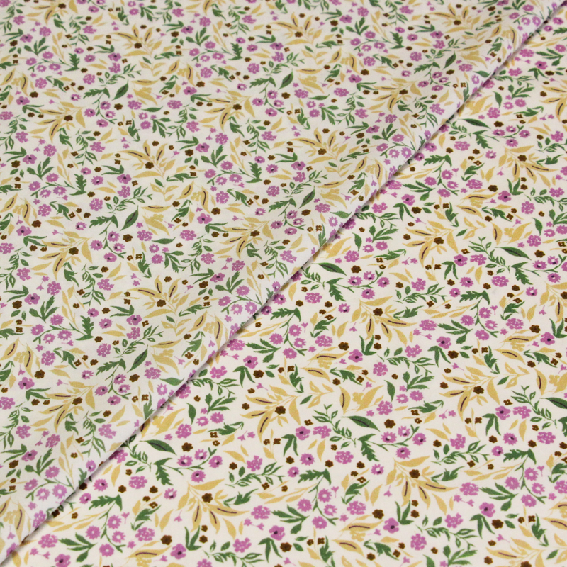 Percale 100% coton peigné luxe - Petites fleurs lilas fond écru