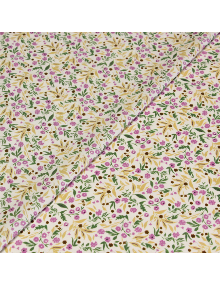 Percale 100% coton peigné luxe - Petites fleurs lilas fond écru