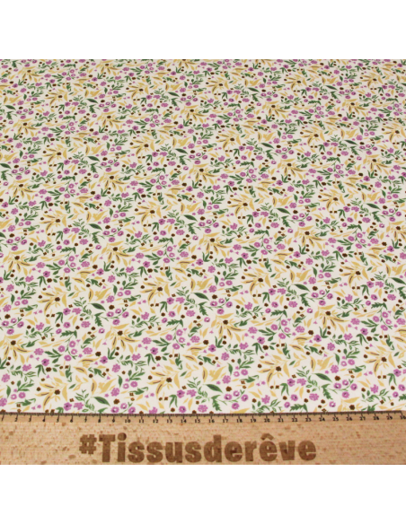 Percale 100% coton peigné luxe - Petites fleurs lilas fond écru