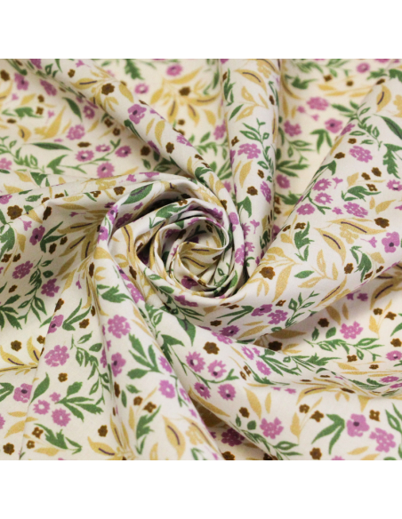 Percale 100% coton peigné luxe - Petites fleurs lilas fond écru