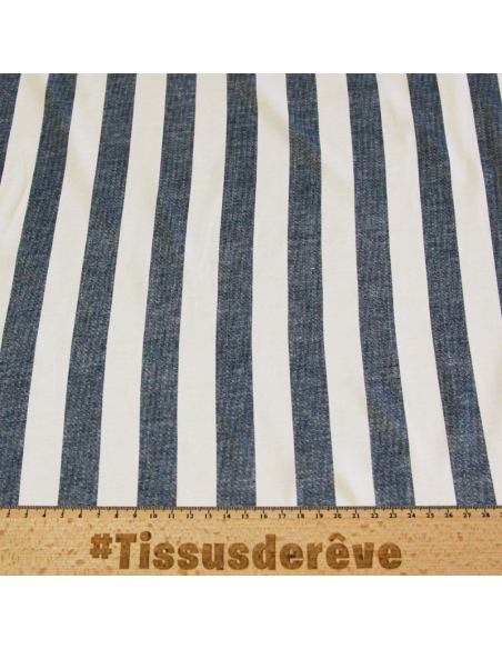 Jersey 100% coton - Rayé bleu effet délavé & blanc