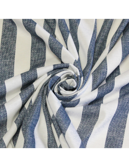 Jersey 100% coton - Rayé bleu effet délavé & blanc
