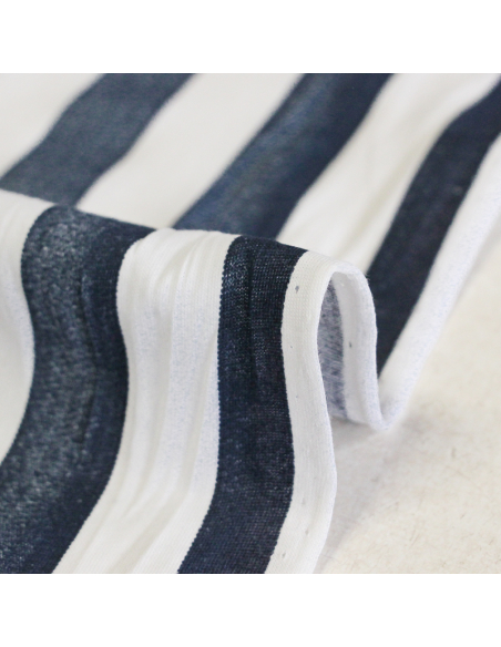 Jersey 100% coton - Rayé bleu effet délavé & blanc