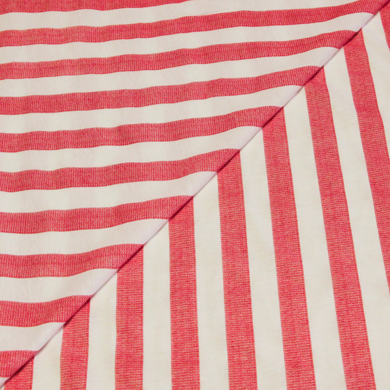 Jersey 100% coton - Rayé rouge effet délavé & blanc