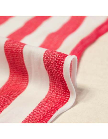 Jersey 100% coton - Rayé rouge effet délavé & blanc
