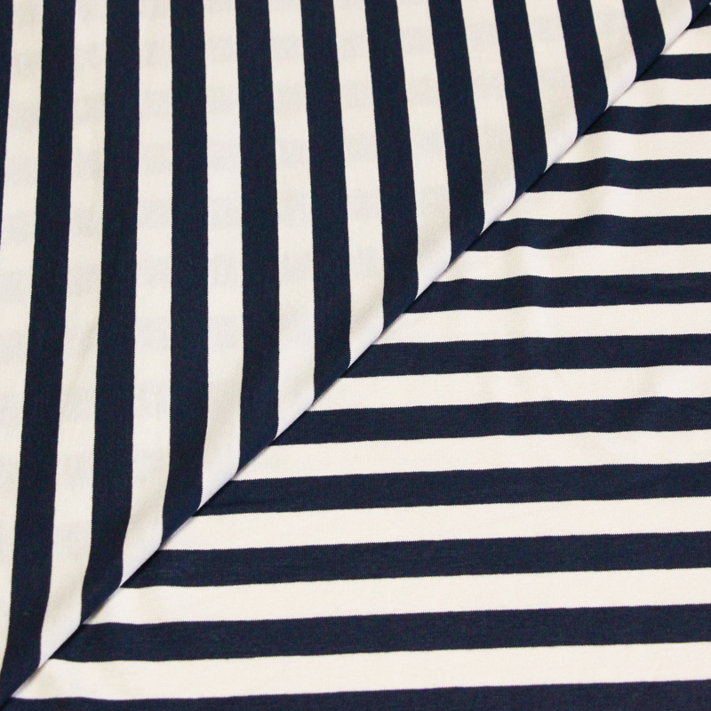 Jersey viscose & élasthanne - Rayé bleu marine & blanc cassé