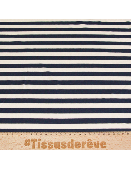 Jersey viscose & élasthanne - Rayé bleu marine & blanc cassé