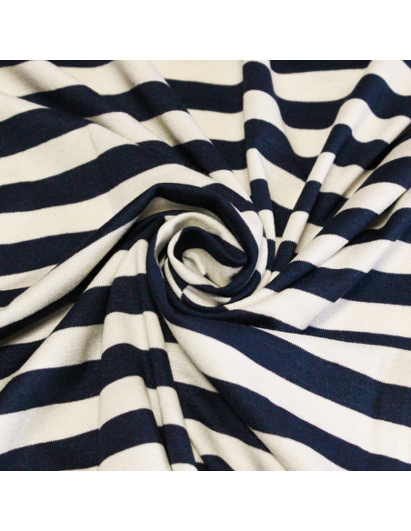 Jersey viscose & élasthanne - Rayé bleu marine & blanc cassé