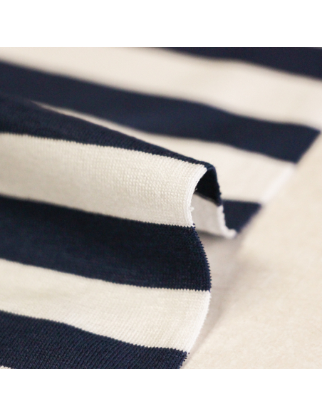 Jersey viscose & élasthanne - Rayé bleu marine & blanc cassé