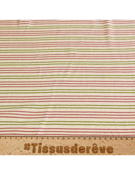 Jersey 100% coton - Rayé rose & vert fond écru