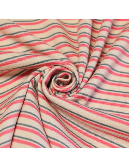 Jersey 100% coton - Rayures rose & bleu
