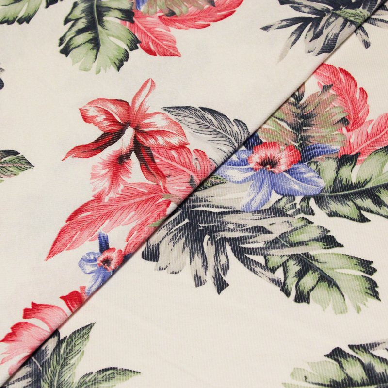 Jersey côtelé imprimé 100% coton  - Motif floral ibiscus