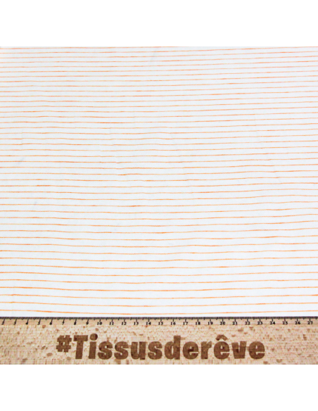 Étoffe lin & coton - Rayures fines orange fond blanc