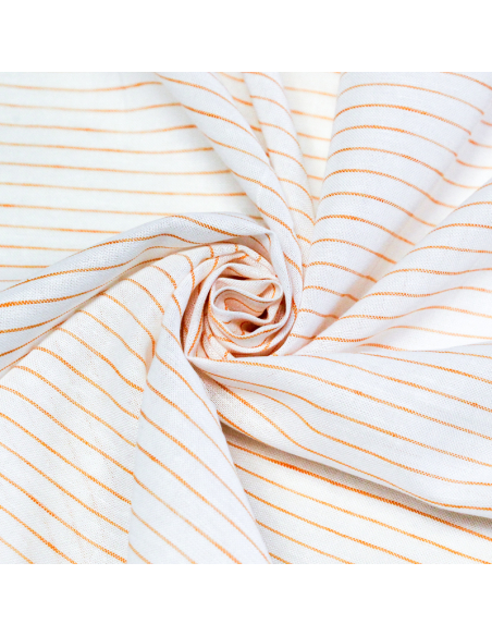 Étoffe lin & coton - Rayures fines orange fond blanc