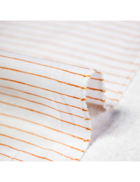 Étoffe lin & coton - Rayures fines orange fond blanc