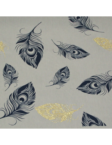 Molleton non gratté (French terry) - Plume bleu & doré fond gris