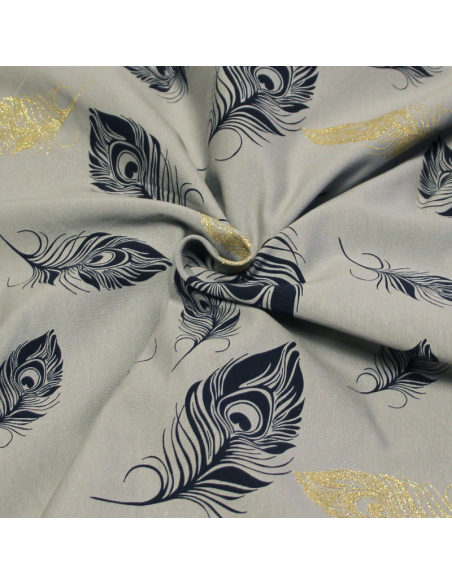 Molleton non gratté (French terry) - Plume bleu & doré fond gris