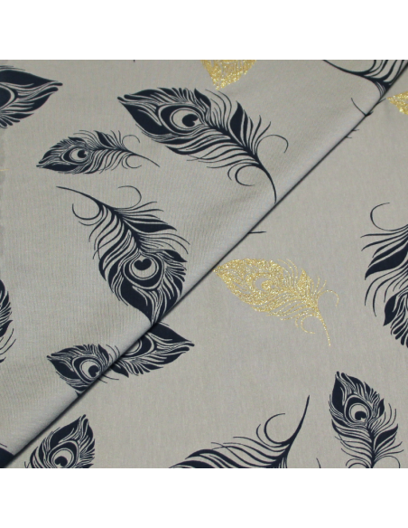 Molleton non gratté (French terry) - Plume bleu & doré fond gris