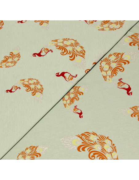 Jersey coton peigné & élasthanne - Paons argenté fond vert