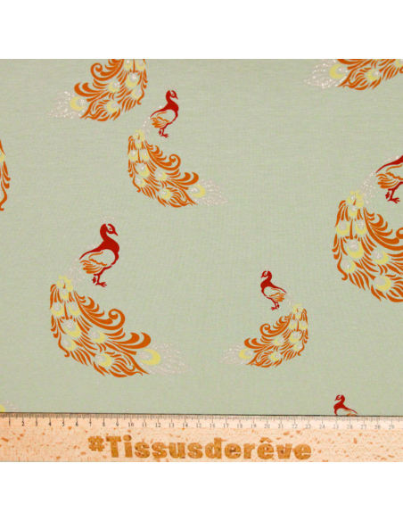 Jersey coton peigné & élasthanne - Paons argenté fond vert