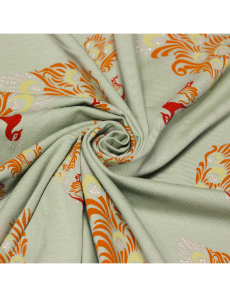 Jersey coton peigné & élasthanne - Paons argenté fond vert