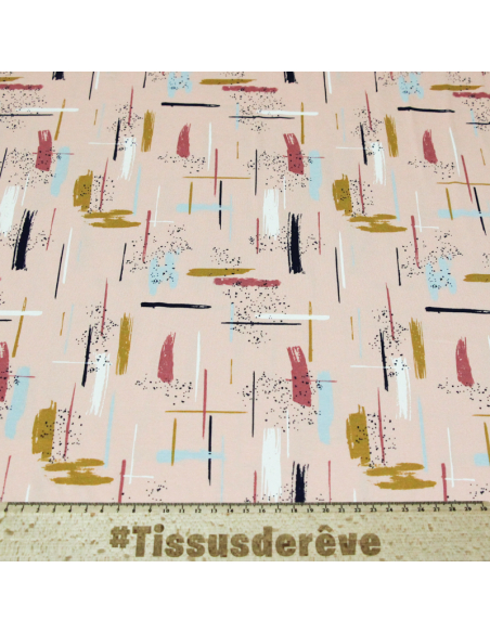 Jersey coton peigné & élasthanne - Trace colorée fond rose