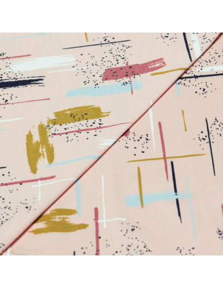 Jersey coton peigné & élasthanne - Trace colorée fond rose