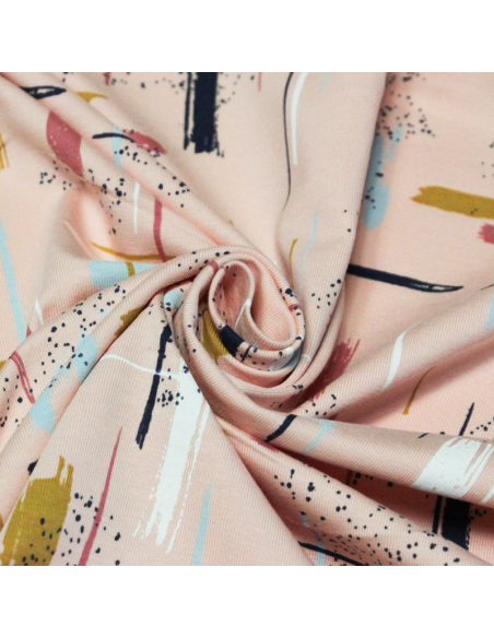 Jersey coton peigné & élasthanne - Trace colorée fond rose