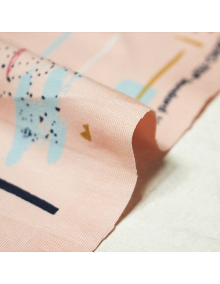 Jersey coton peigné & élasthanne - Trace colorée fond rose