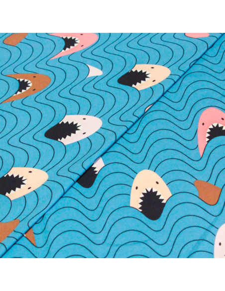 Jersey coton peigné & élasthanne - Requins fond bleu