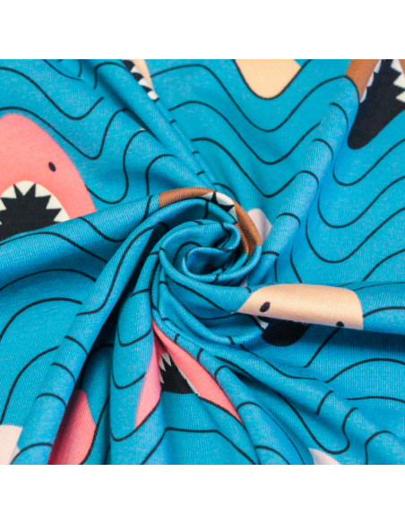 Jersey coton peigné & élasthanne - Requins fond bleu