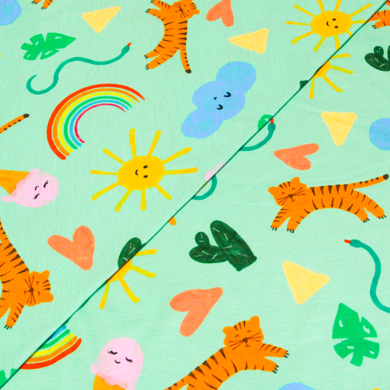 Jersey coton peigné & élasthanne – Tigres arc-en-ciel fond vert