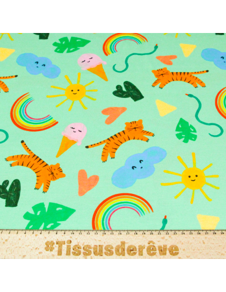 Jersey coton peigné & élasthanne – Tigres arc-en-ciel fond vert
