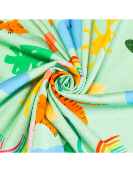 Jersey coton peigné & élasthanne – Tigres arc-en-ciel fond vert