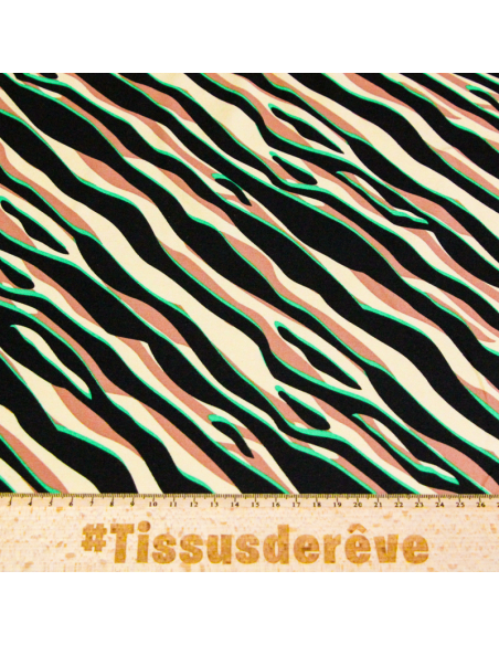 Jersey coton peigné & élasthanne – Zèbre noir, beige & vert