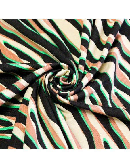 Jersey coton peigné & élasthanne – Zèbre noir, beige & vert