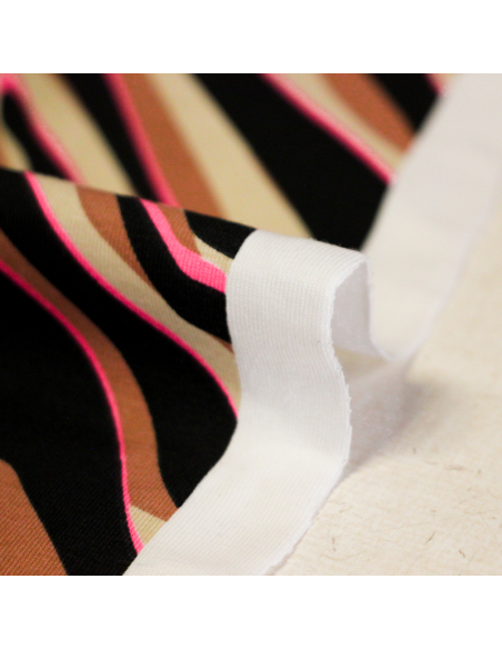 Jersey coton peigné & élasthanne – Zèbre noir, beige & fuchsia